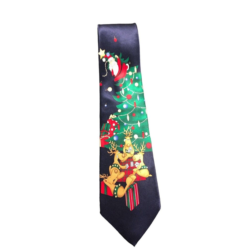 Hallmark Holiday‎ Traditions Christmas Tie 100% Silk By MMG Navy Blue